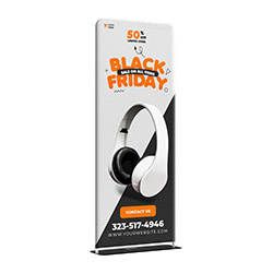 Extend fabric banner display stand with black metal bases.